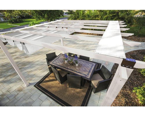 Aluminium Pergola, Pavillon Paragon Outdoor Florida 10x10 mit verstellbarem Sonnensegel 320 x 320 cm weiß Pergola mit Esstisch und Stühlen im Garten