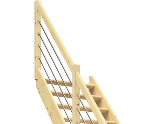 Holztreppe mit Geländer aus Metallstäben