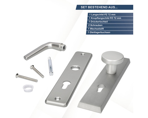 Edelstahl Türbeschlag Set mit Langschild, Knopfschild, Schrauben und Zubehör
