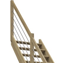 Holztreppe mit Geländer und Edelstahlseilen