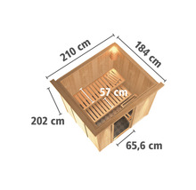 Dimensions d''un sauna en bois : 210 cm de large, 184 cm de profondeur, 202 cm de haut et 65,6 cm de large pour la porte
