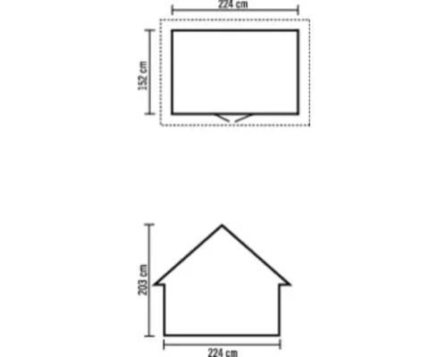 Abmessungen des Gartenhauses: 224 Zentimeter breit, 152 Zentimeter tief, 203 Zentimeter hoch