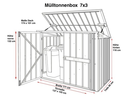 Abbildung einer Mülltonnenbox 7x3 mit Maßangaben
