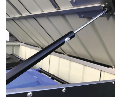 Detailansicht des Gasdruckdämpfers einer Mülltonnenbox