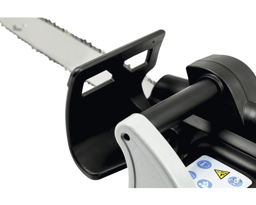 Detailansicht einer Astsäge mit Schwert und Handschutz.