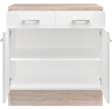Meuble bas blanc avec deux tiroirs et portes ouvertes.
