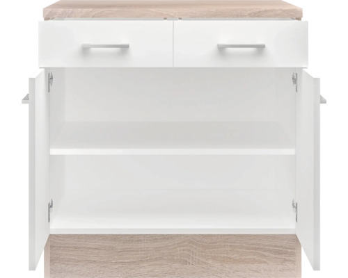 Meuble bas blanc avec deux tiroirs et portes ouvertes.