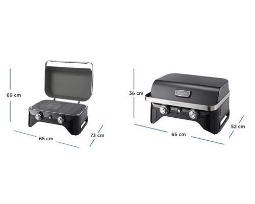 Campingaz Gasgrill mit den Maßen 69 cm Höhe, 65 cm Breite und 73 cm Tiefe, geöffnet und geschlossen.
