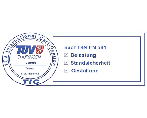 TÜV Thüringen International Certification Siegel: Geprüfte Belastung, Standsicherheit und Gestaltung nach DIN EN 581