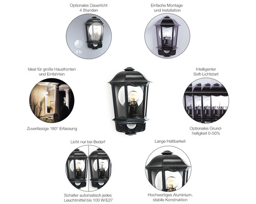Wandleuchte aus Aluminium mit Bewegungsmelder und verschiedenen Funktionen wie Dauerlicht, Soft-Lichtstart und einstellbarer Helligkeit
