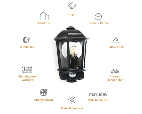 Luminaire extérieur avec détecteur de mouvement et informations techniques