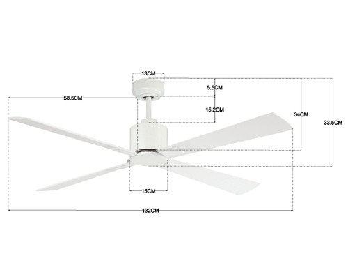 Abmessungen eines Deckenventilators mit fünf Flügeln
