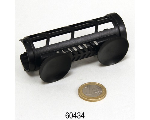 Schwarzer Aquarien-Futterkorb mit Saugnäpfen neben einer Ein-Euro-Münze