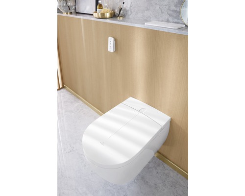 Wand-Tiefspül-WC mit Duschfunktion im Badezimmer.