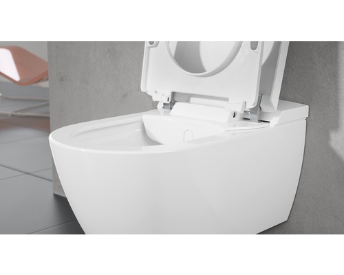 Wandhängendes Dusch-WC mit geöffnetem Deckel.