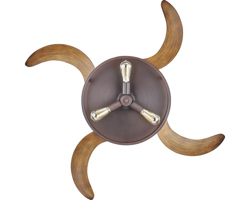 Deckenventilator mit drei Leuchten und gebogenen Holzflügeln