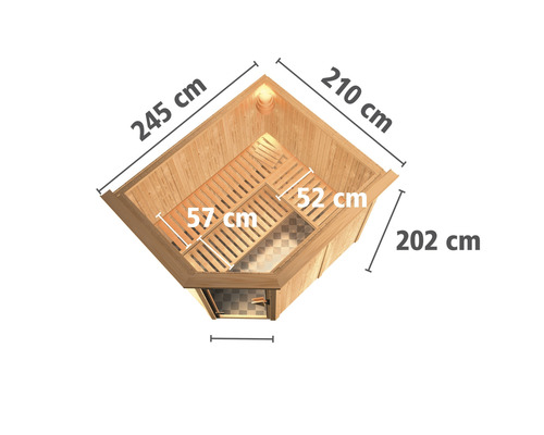 Dimensions d''un sauna d''angle de 245 cm, 210 cm et 202 cm