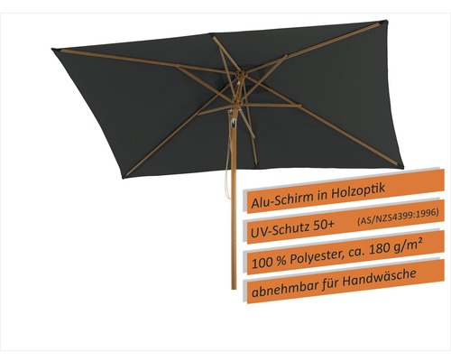 Rechteckiger Sonnenschirm aus Aluminium mit Holzoptik und Polyesterbespannung