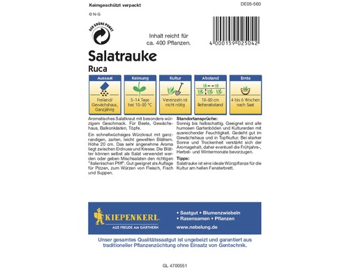 Salatrauke Ruca Samenpackung mit Informationen zu Aussaat, Keimung, Kultur, Abstand und Ernte