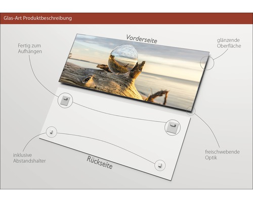 Glasbild mit Strandmotiv, glänzender Oberfläche und Aufhängern