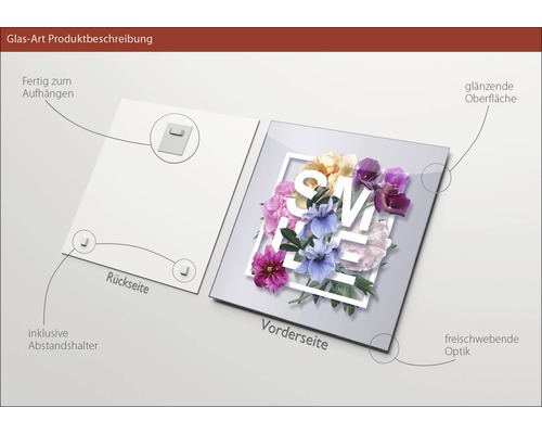Glasbild mit floralem Design, glänzender Oberfläche, inklusive Aufhängung und Abstandshalter