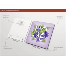 Glasbild mit Blumenmotiv und dem Schriftzug Home, inklusive Abstandshalter und Aufhängevorrichtung