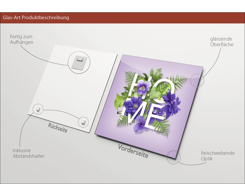 Glasbild mit Blumenmotiv und dem Schriftzug Home, inklusive Abstandshalter und Aufhängevorrichtung