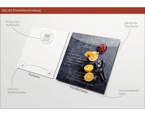 Image en verre avec la recette du cocktail Orange Blossom, y compris entretoise, surface brillante et dispositif de suspension