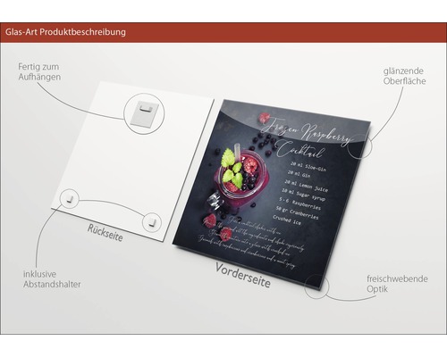 Produktbeschreibung: Glasbild mit Cocktailrezept, inklusive Aufhängung und Abstandshalter