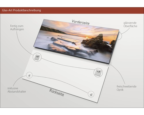 Image sur verre avec surface brillante, y compris entretoises et suspension