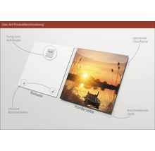 Description du produit photo en verre: Dos avec suspension et entretoise, devant avec surface brillante et aspect flottant