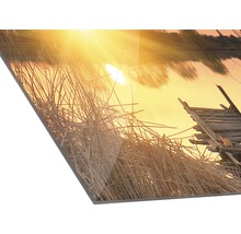 Panneau décoratif avec motif de lac, de roseaux et de ponton en bois