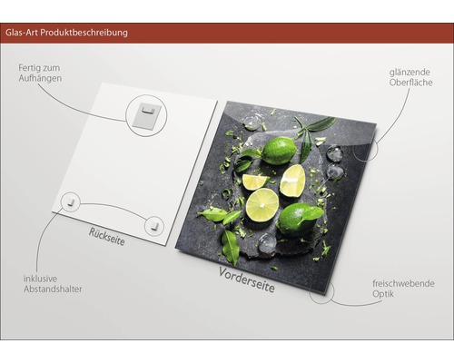 Tableau en verre avec motif de citrons verts, fixation et supports d''écartement inclus