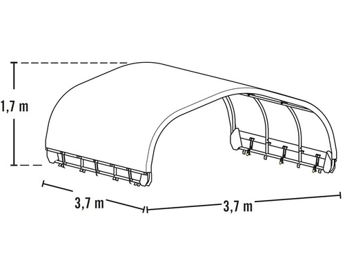 Abbildung eines Unterstandes mit den Maßen 1,7 Meter Höhe und 3,7 Meter Länge.