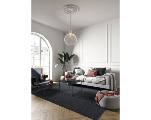 Salon avec canapé, fauteuil, table basse, suspension et tapis sur parquet