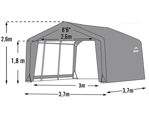 Abbildung einer ShelterLogic Geräteunterkunft mit Maßangaben