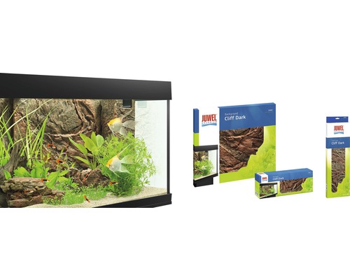 Aquarium mit Felsenrückwand Cliff Dark und Verpackungen des Produkts