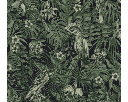 Tapete mit Dschungelmotiven, darunter Vögel, Blätter und Blumen