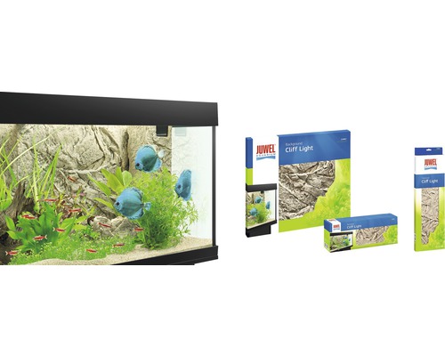 Aquarium décoré avec paroi arrière rocheuse et emballages de produits pour une paroi arrière d''aquarium