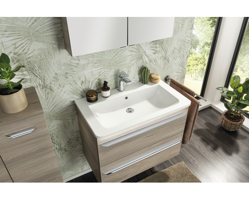 Salle de bains avec meuble sous-vasque, lavabo et robinet