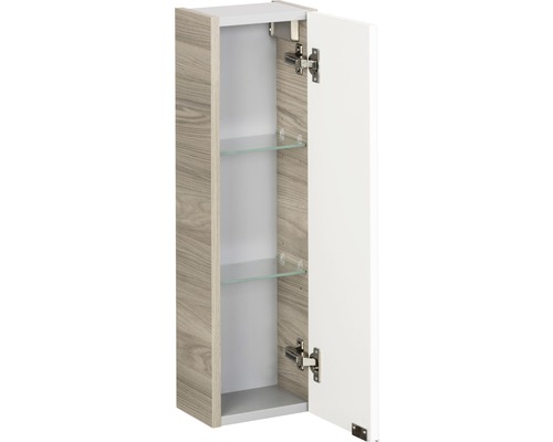 Armoire suspendue de salle de bain étroite ouverte avec deux étagères en verre