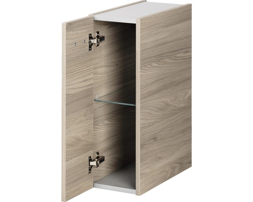 Meuble haut ouvert avec motif bois, équipé d''une étagère en verre