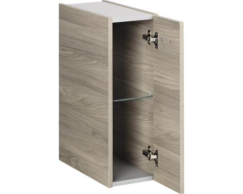 Armoire suspendue avec motif bois, ouverte avec une étagère en verre