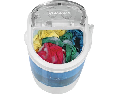 EASYmaxx Mini-Waschmaschine mit Wäsche und geöffnetem Deckel