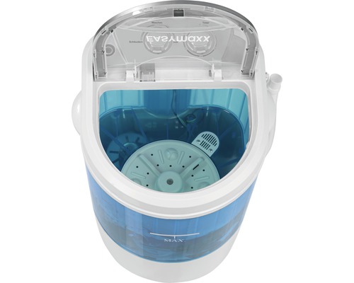 Easymaxx Mini-Waschmaschine mit offenem Deckel und blauen Akzenten