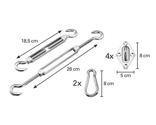 Tendeur à crochet, mousquetons et oeillets de fixation