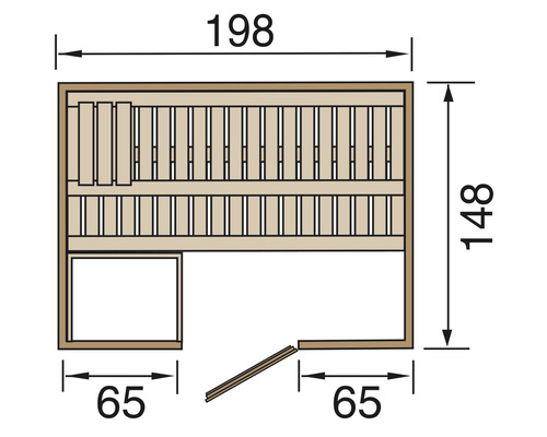 Zeichnung einer Sauna mit Abmessungen