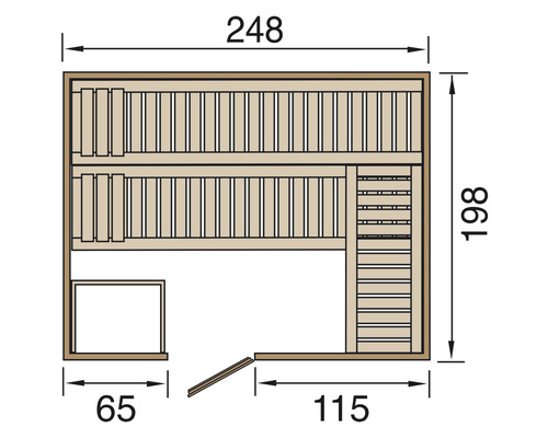 Grundriss einer Sauna mit den Maßen 248 x 198 x 65 x 115 cm