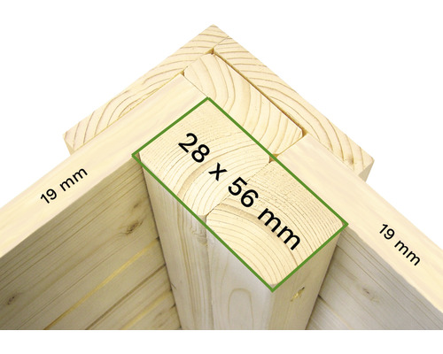 Holzkonstruktion mit den Maßen 28 x 56 Millimeter und 19 Millimeter