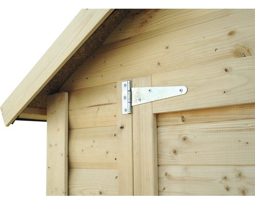 Detailansicht eines Holzschuppens mit T-Scharnier